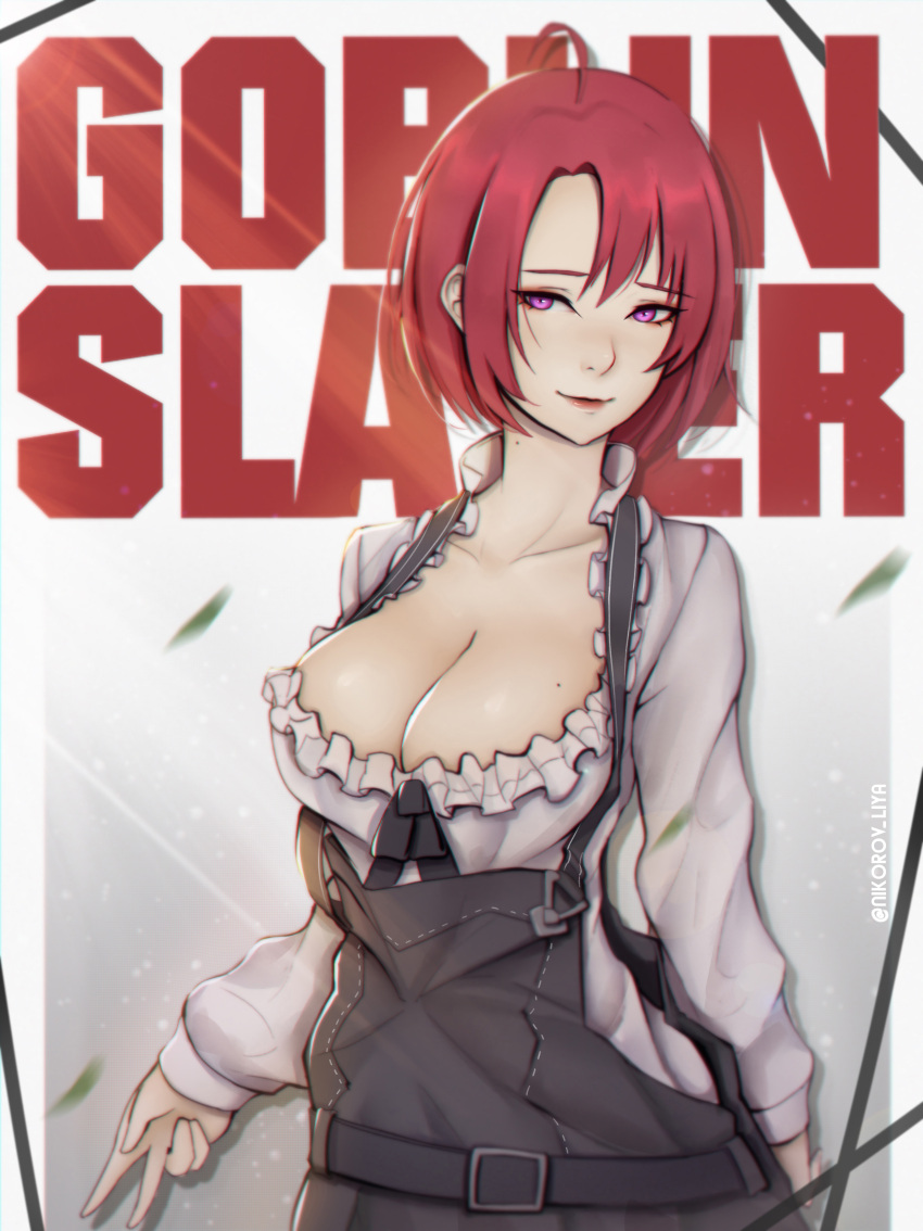 1girl absurdres ahoge arm_behind_back bangs black_ribbon breasts cleavage collarbone commentary_request cow_girl_(goblin_slayer!) eyebrows_visible_through_hair frills goblin_slayer! highres large_breasts liya_nikorov overalls redhead ribbon shirt short_hair solo v violet_eyes white_shirt