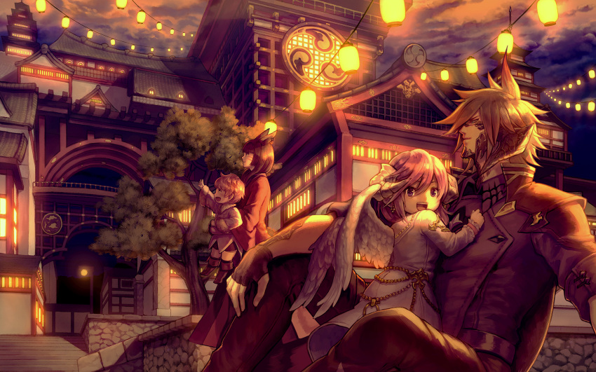 2boys 2girls :d animal_ears arch architecture boots brown_footwear brown_hair clutch2130 east_asian_architecture final_fantasy final_fantasy_xiv glasses highres horns lalafell lantern miqo'te multiple_boys multiple_girls neru_(ffxiv) night night_sky open_mouth outdoors pink_hair sitting sky smile stairs tree violet_eyes wings