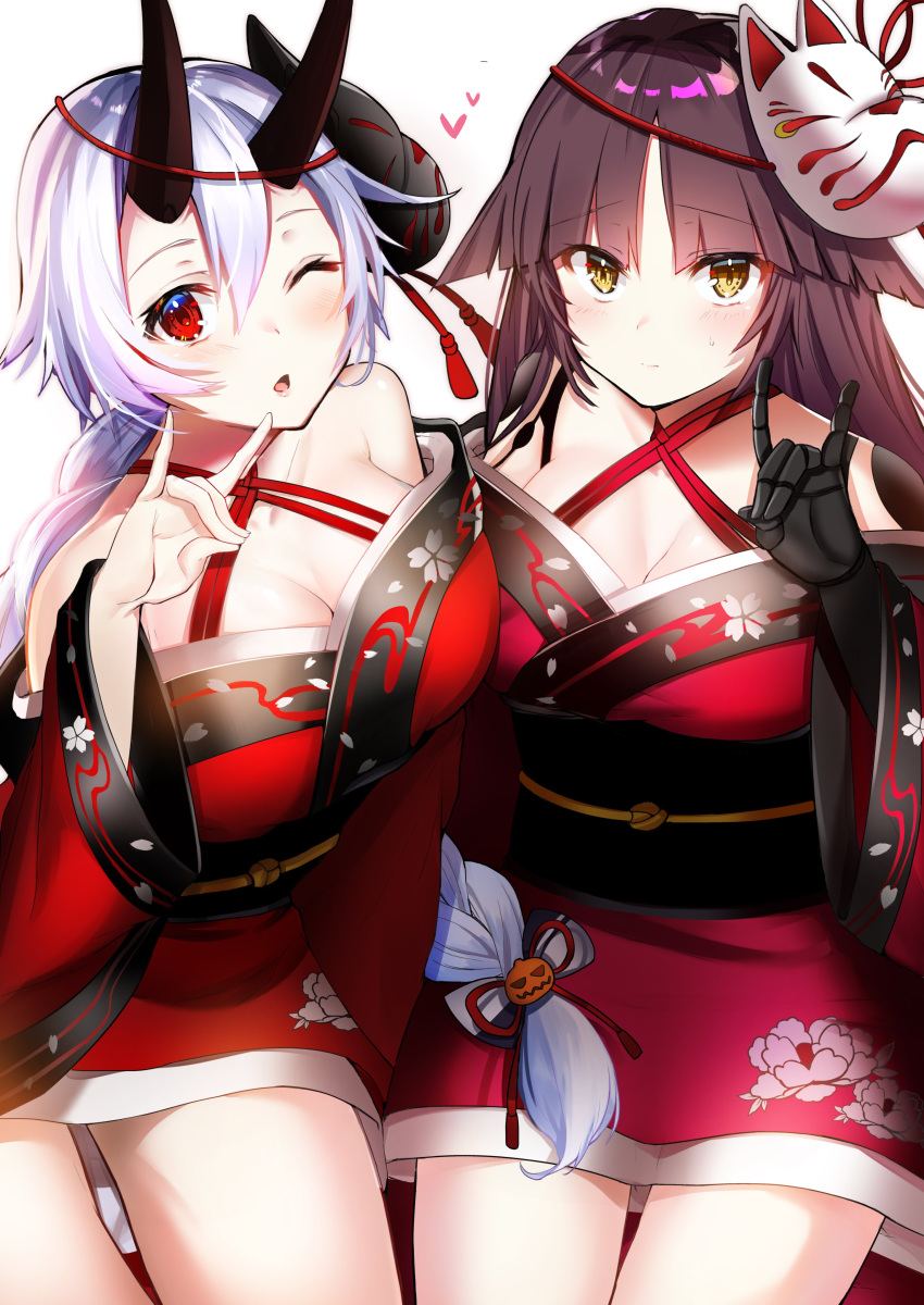 2girls absurdres black_hair blush braid breasts closed_mouth collarbone eyebrows_visible_through_hair fate/grand_order fate_(series) felnemo fox_mask heart highres horns japanese_clothes katou_danzou_(fate/grand_order) kimono large_breasts long_hair looking_at_viewer mask mask_on_head medium_breasts multiple_girls obi one_eye_closed oni_horns red_eyes ribbon robot_joints sash simple_background single_braid tomoe_gozen_(fate/grand_order) white_background white_hair yellow_eyes