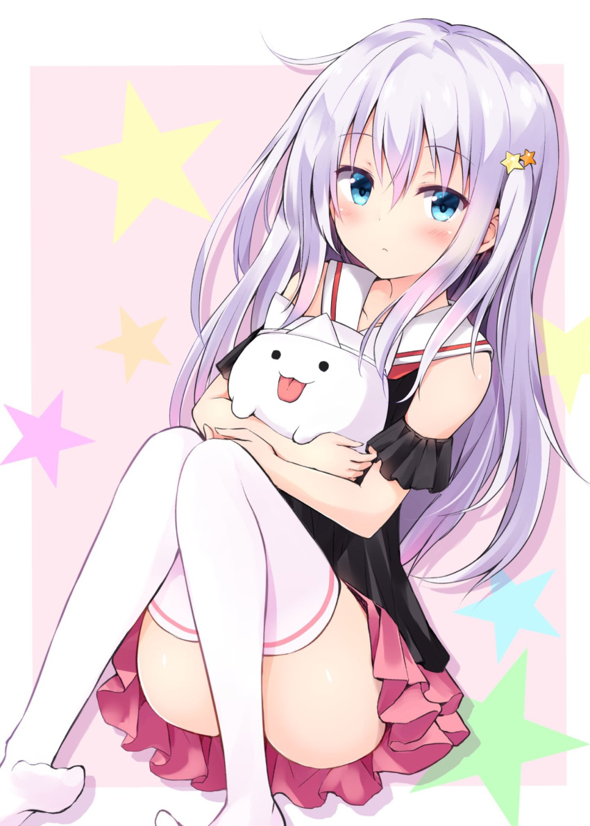 1girl :3 ass bangs bare_shoulders black_shirt blouse blue_eyes blush closed_mouth collarbone commentary_request convenient_leg detached_sleeves expressionless eyebrows_visible_through_hair frills ghost hair_between_eyes hair_ornament highres hug hyurasan knees_together_feet_apart knees_up long_hair looking_at_viewer miniskirt neckerchief no_shoes one_side_up original pink_skirt red_neckwear sailor_collar school_uniform serafuku shadow shirt short_sleeves sidelocks simple_background skirt solo star star_hair_ornament starry_background thigh-highs tongue tongue_out triangular_headpiece white_hair white_legwear white_sailor_collar