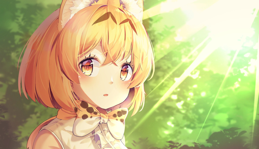 1girl absurdres animal_ears animal_ears_(artist) bare_shoulders blonde_hair blush bow bowtie center_frills commentary_request eyebrows_visible_through_hair headshot highres kemono_friends korean_commentary light_rays multicolored_hair print_neckwear serval_(kemono_friends) serval_ears serval_print short_hair sleeveless solo spoilers sunbeam sunlight yellow_eyes