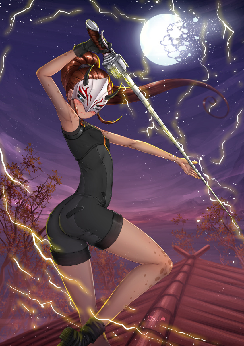 1girl adsouto artist_name ass black_gloves bodysuit breasts broken_moon brown_hair building closed_mouth commentary electricity english_commentary from_behind gloves highres horns ilia_amitola long_hair looking_at_viewer looking_back mask moon night ponytail rwby single_glove sleeveless small_breasts solo spots sword tree weapon