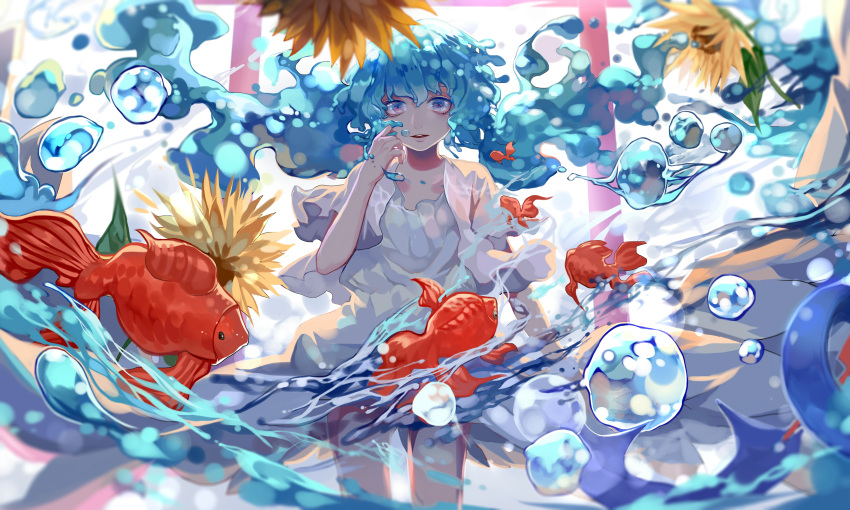 absurdres blue_hair bottle_miku dress floating_hair flower hatsune_miku highres koi open_mouth torii violet_eyes vocaloid wallpaper water_drop white_dress wu_se_bu_hui_(940164887)