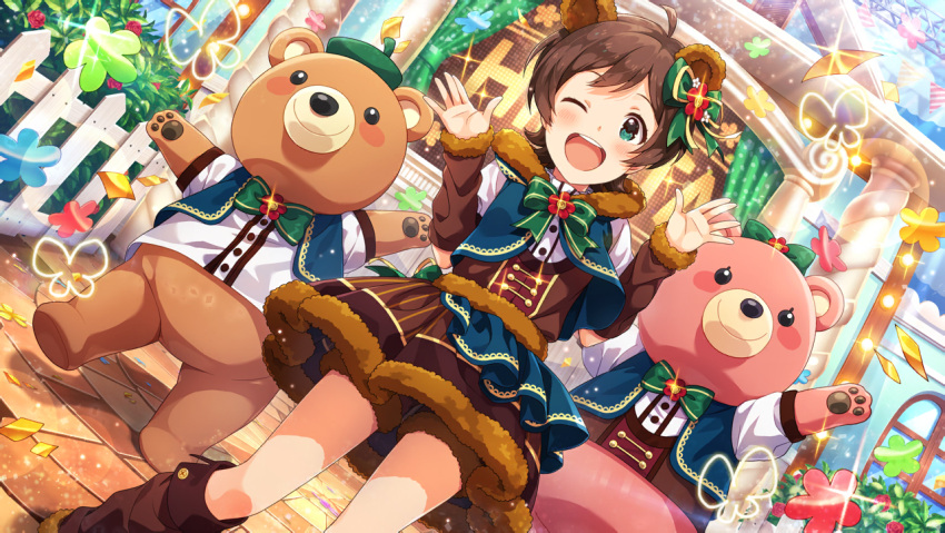 bear blush brown_hair dress green_eyes idolmaster idolmaster_million_live! idolmaster_million_live!_theater_days kinoshita_hinata short_hair smile wink