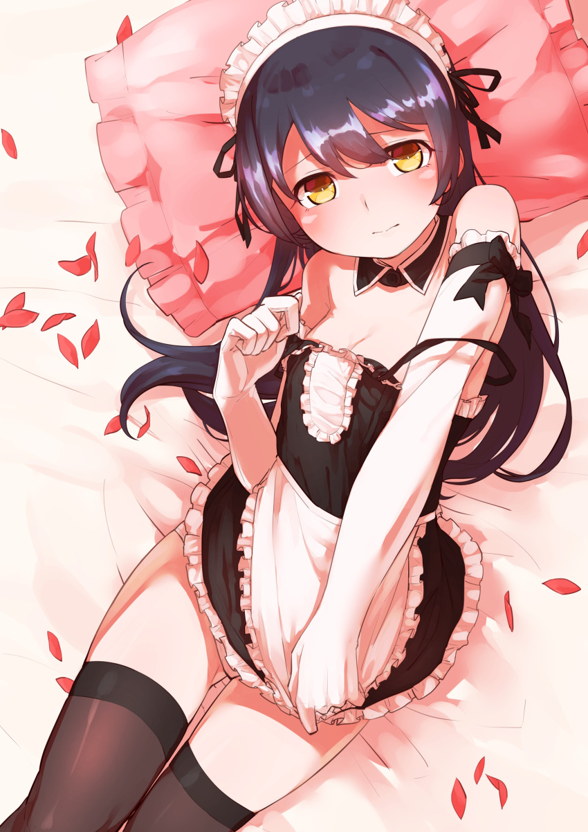 1girl absurdres apron bangs bed_sheet black_legwear blue_hair blush closed_mouth covering covering_crotch cowboy_shot detached_collar dress dress_tug elbow_gloves embarrassed frills gloves goe_(g-o-e) hair_between_eyes highres long_hair looking_at_viewer love_live! love_live!_school_idol_project lying maid maid_apron maid_headdress on_back on_bed panties pantyshot petals pillow ribbon skirt solo sonoda_umi strap_slip thigh-highs underwear waist_apron white_gloves white_panties yellow_eyes