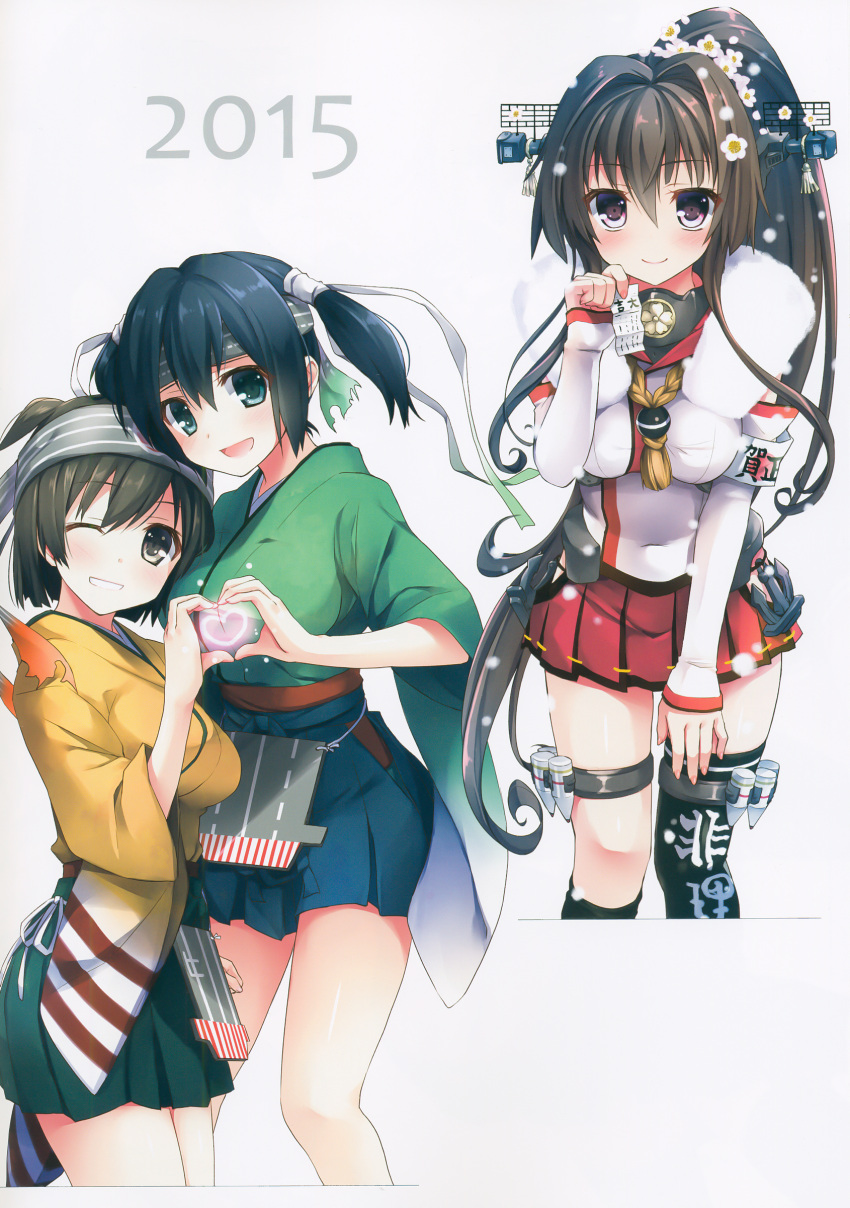 3girls absurdres asymmetrical_legwear bangs bankoku_ayuya blush brown_eyes brown_hair hair_ornament hakama_skirt headband heart heart_hands highres holding japanese_clothes kantai_collection looking_at_viewer multiple_girls one_eye_closed open_mouth scan short_hair simple_background skirt sleeves_past_wrists smile thigh-highs thigh_strap white_background