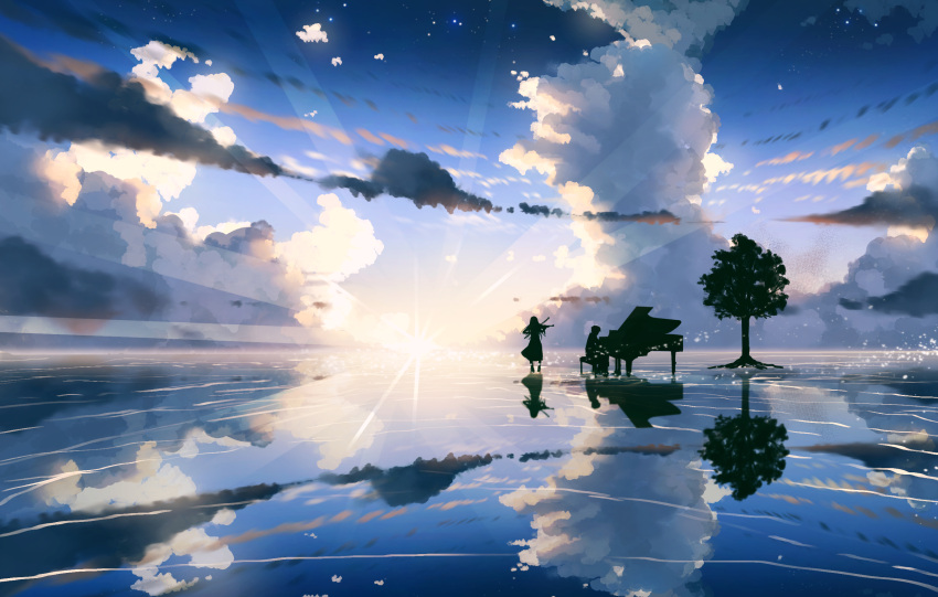 1boy 1girl anonamos arima_kousei clouds commentary_request diffraction_spikes highres instrument miyazono_kawori piano reflection scenery shigatsu_wa_kimi_no_uso silhouette sky tree violin water