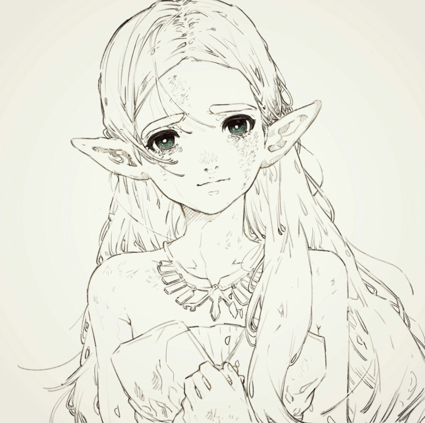 1girl arms_at_sides bangs bare_shoulders closed_mouth copyright_request daruma_owl green_eyes hands_on_own_chest hands_together highres jewelry light_smile long_hair looking_at_viewer monochrome necklace nintendo pointy_ears princess_zelda simple_background solo the_legend_of_zelda