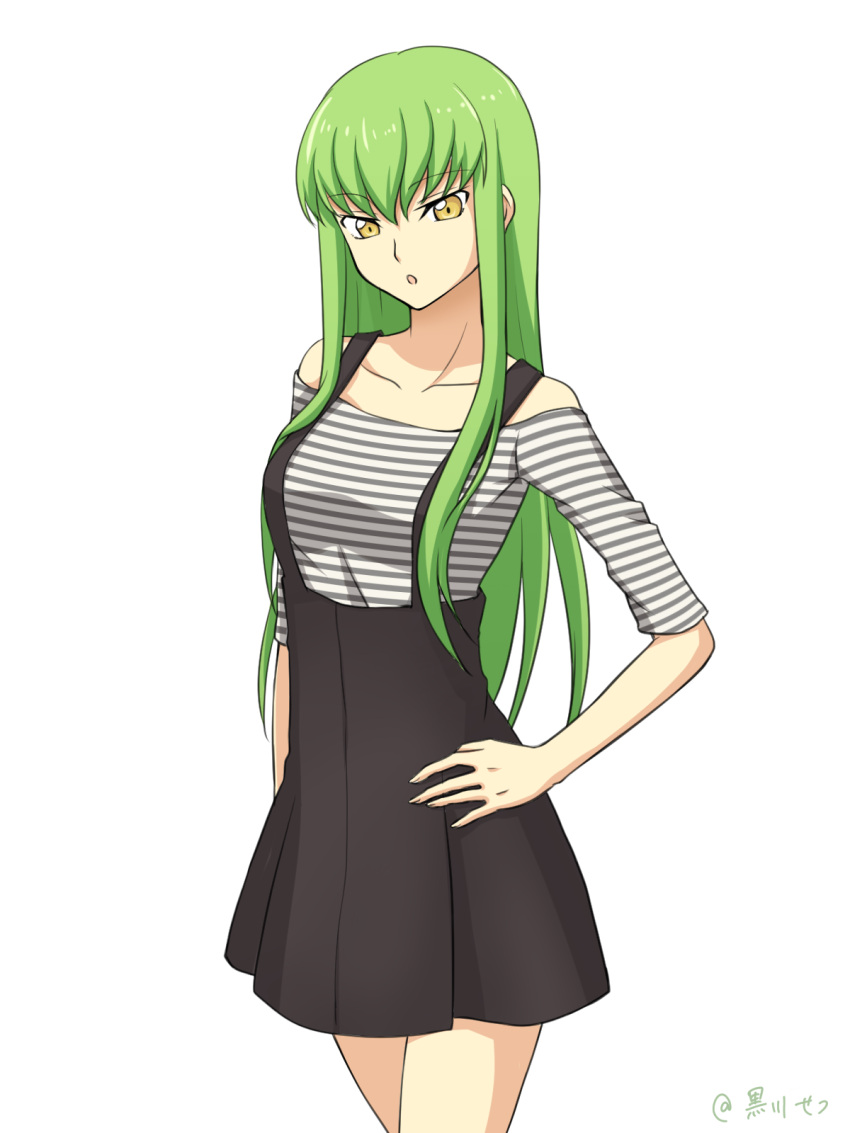 1girl :o bangs black_skirt c.c. code_geass collarbone cowboy_shot eyebrows_visible_through_hair green_hair hair_between_eyes hand_on_hip high-waist_skirt highres long_hair miniskirt off-shoulder_shirt pleated_skirt setu_kurokawa shirt simple_background skirt solo standing striped striped_shirt suspender_skirt suspenders very_long_hair white_background yellow_eyes