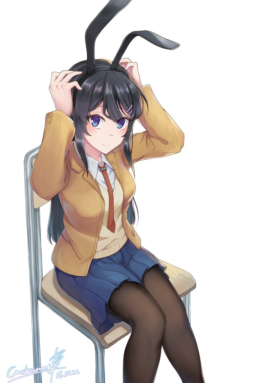 1girl animal_ears arms_up bangs black_hair black_legwear blue_eyes blue_skirt blush brown_jacket cathamos chair collared_shirt dated eyebrows_visible_through_hair fake_animal_ears from_above from_side hair_ornament hairclip highres jacket long_hair long_sleeves looking_at_viewer looking_to_the_side looking_up necktie pantyhose pleated_skirt rabbit_ears red_neckwear sakurajima_mai school_chair school_uniform seishun_buta_yarou shirt signature sitting skirt solo sweater_vest white_shirt wing_collar