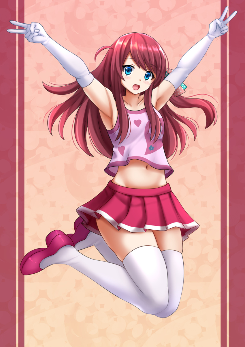 1girl :d arms_up bangs belly_peek blue_eyes blush breasts camisole commentary double_v elbow_gloves eyebrows_visible_through_hair full_body gloves head_tilt heart highres kazenokaze long_hair minamoto_sakura navel one_side_up open_mouth outstretched_arms pink_camisole pleated_skirt red_footwear red_skirt redhead shoes skirt small_breasts smile solo thigh-highs v very_long_hair white_gloves white_legwear zombieland_saga