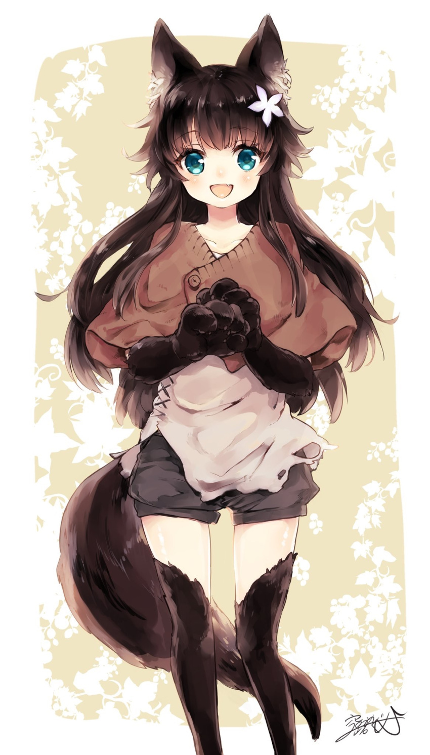 1girl :d animal animal_ears black_hair black_legwear black_shorts blue_eyes flower furry hair_flower hair_ornament hands_together highres long_hair open_mouth original paws shorts signature smile solo soramichi_megumu tail thigh-highs