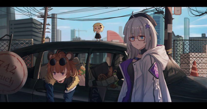 1girl aa-12_(girls_frontline) aer7o ahoge aviator_sunglasses baggy_clothes bangs blue_eyes blue_sky blurry blurry_background breasts brown-framed_eyewear brown_hair car choker cityscape clouds eyebrows_visible_through_hair eyewear_on_head food fur-trimmed_jacket fur_trim girls_frontline glasses grizzly_mkv_(girls_frontline) ground_vehicle hair_ornament hat highres hood hood_down hooded_jacket jacket letterboxed long_hair looking_at_viewer medium_breasts motor_vehicle multiple_girls open_mouth outdoors short_hair sidelocks silver_hair sky star star_hair_ornament sunglasses violet_eyes younger