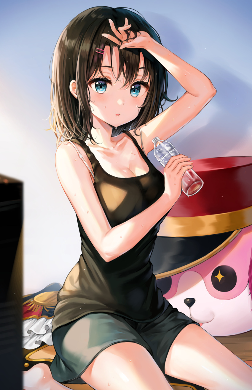 +_+ 1girl bang_dream! bangs barefoot black_hair black_shorts black_tank_top blue_eyes bottle breasts cleavage clothes_removed collarbone epaulettes hair_ornament hairclip hand_in_hair hand_on_forehead hat highres holding holding_bottle looking_at_viewer mascot_head medium_hair michelle_(bang_dream!) okusawa_misaki parted_lips shako_cap shorts sitting solo sweat tank_top tokkyu_(user_mwwe3558) water_bottle