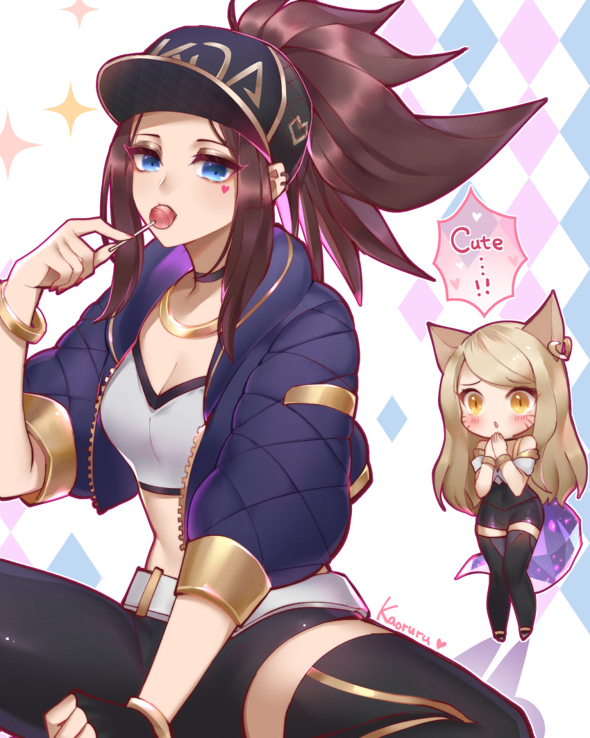 2girls absurdres ahri akali animal_ears asymmetrical_legwear atobesakunolove baseball_cap belt blush bracelet breasts candy cleavage ear_piercing earrings english food fox_ears fox_tail half-closed_eyes hat heart highres jacket jewelry k/da_(league_of_legends) k/da_ahri k/da_akali league_of_legends lollipop midriff multiple_girls pants piercing ponytail sparkle speech_bubble tail text_focus thigh-highs