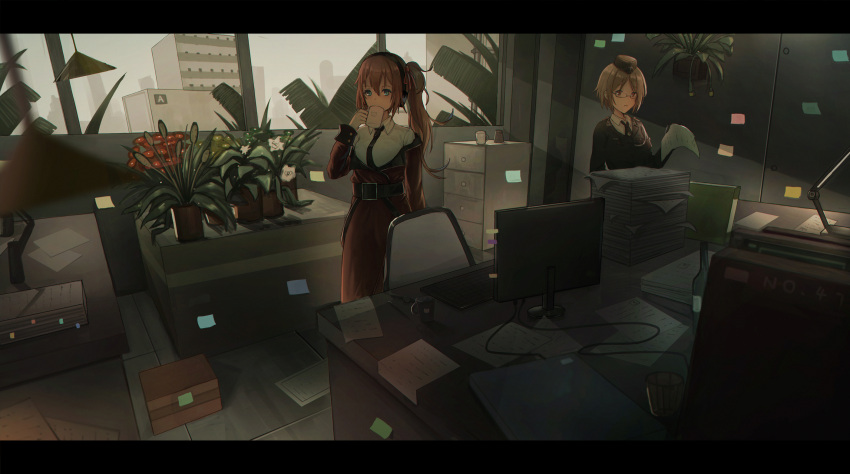 aer7o alternate_costume belt black_neckwear blonde_hair blue_eyes breasts brown_eyes chair cityscape coat collared_shirt cup desk desk_lamp drinking eyebrows_visible_through_hair eyewear_on_head fog german_clothes girls_frontline gloves hair_between_eyes hair_ornament hair_ribbon hat highres holding holding_cup holding_paper indoors kalina_(girls_frontline) lamp large_breasts letterboxed long_hair military military_hat military_uniform monitor mp40_(girls_frontline) multiple_girls necktie off_shoulder overcast paper plant potted_plant printer red_coat ribbon shirt short_hair side_ponytail sticky_note sunglasses uniform white_shirt window