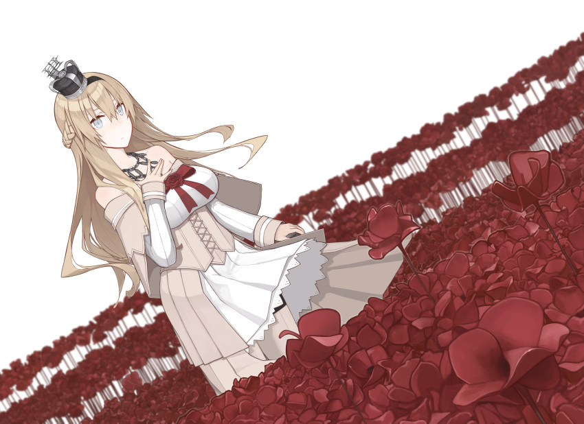 1girl absurdres blonde_hair blue_eyes braid closed_mouth commentary_request corset crown dress dutch_angle field flower flower_field french_braid garter_straps hair_between_eyes highres kantai_collection long_hair long_sleeves mikoto_(oi_plus) mini_crown off-shoulder_dress off_shoulder poppy_(flower) red_flower red_ribbon red_rose ribbon rose solo thigh-highs warspite_(kantai_collection) white_background white_dress white_legwear