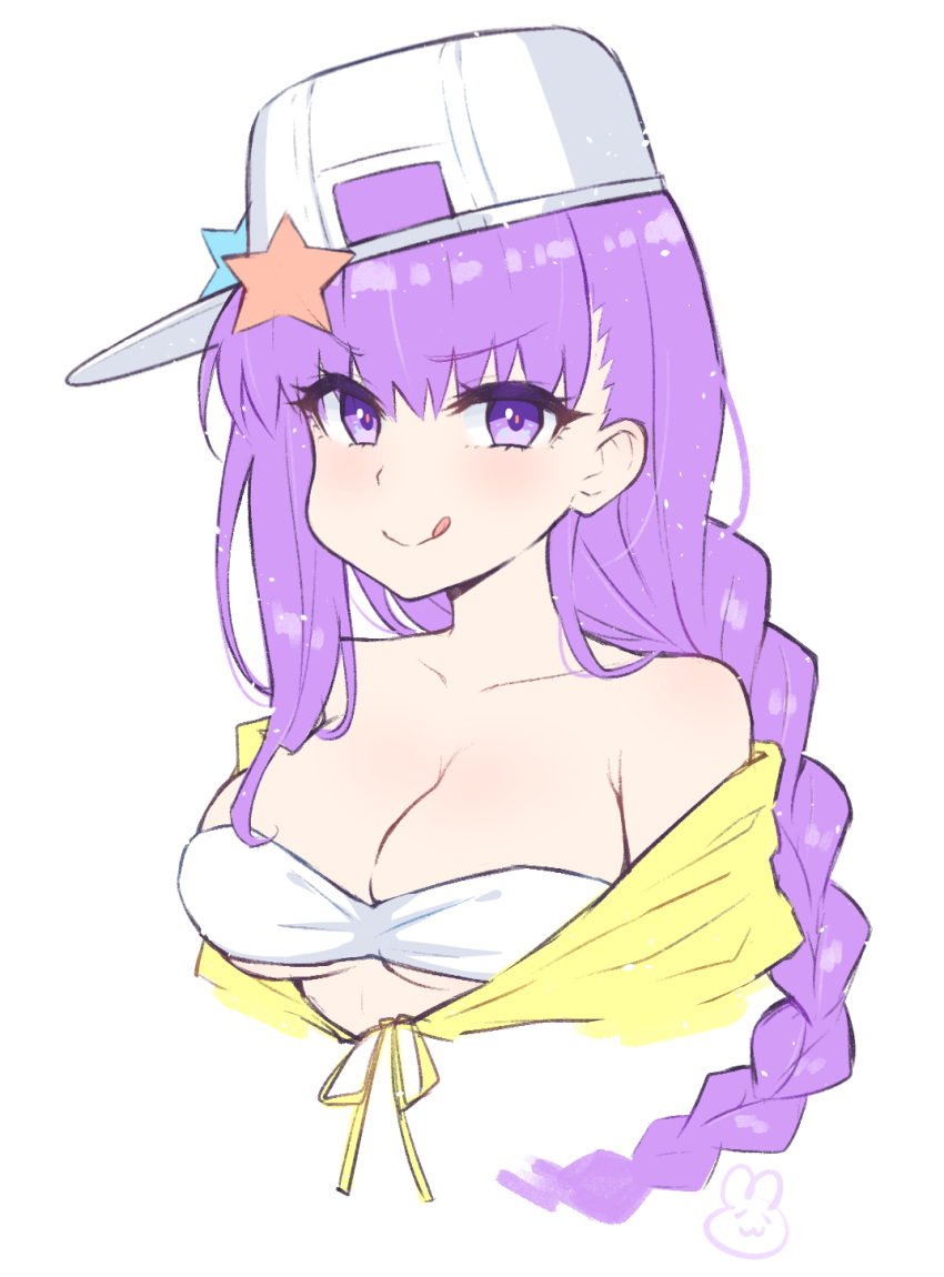 bare_shoulders baseball_cap bb_(fate)_(all) bb_(swimsuit_mooncancer)_(fate) blush breasts collarbone emu_(confisery) eyebrows_visible_through_hair eyes_visible_through_hair fate_(series) hat hat_pin highres large_breasts long_hair off_shoulder purple_hair shirt sideways_hat simple_background star star_hat_ornament tied_shirt upper_body violet_eyes white_background white_bikini_top white_hat yellow_shirt
