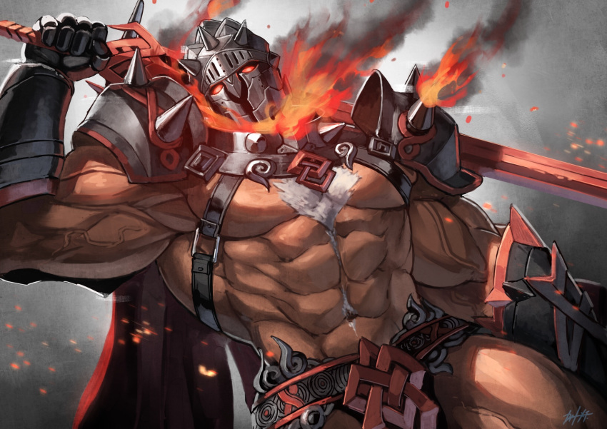 1boy abs adonis_belt belt cape chest_hair dai-xt dutch_angle embers fire gauntlets helmet highres looking_at_viewer male_focus muscle over_shoulder pauldrons red_cape red_eyes solo surtr_(tokyo_houkago_summoners) sword sword_over_shoulder tokyo_houkago_summoners veins weapon weapon_over_shoulder