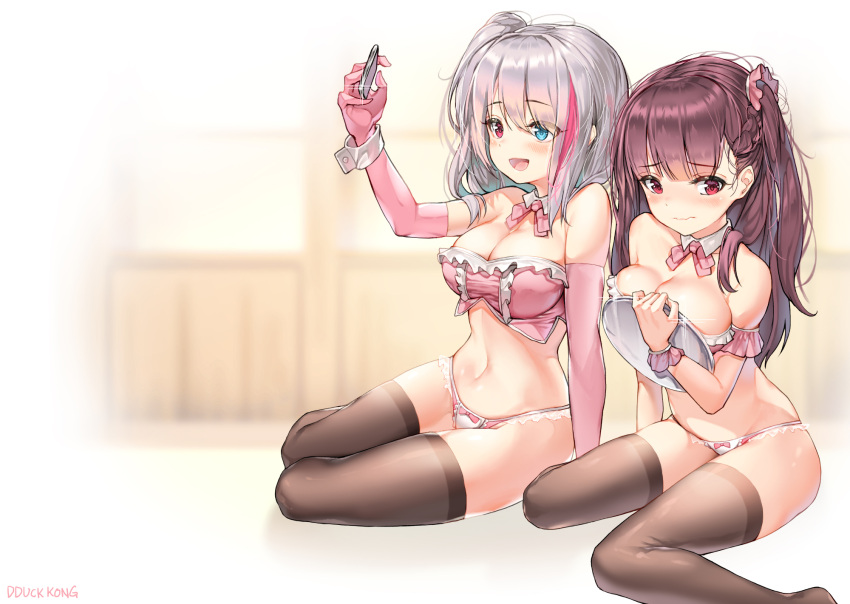 2girls arm_up artist_name bangs bare_shoulders blue_eyes blush bow bow_panties bra braid breasts brown_hair brown_legwear cleavage detached_collar elbow_gloves eyebrows_visible_through_hair frilled_panties frills girls_frontline gloves gradient_hair hair_ornament hair_scrunchie heterochromia highres holding large_breasts lee_seok_ho long_hair mdr_(girls_frontline) multicolored_hair multiple_girls one_side_up open_mouth panties pink_bow pink_bra pink_gloves pink_hair pink_neckwear pink_panties red_eyes scrunchie silver_hair sitting smile thigh-highs tray underwear underwear_only wa2000_(girls_frontline) white_panties wrist_cuffs