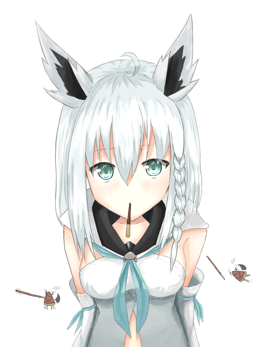 1girl animal_ears blue_eyes braid breasts closed_mouth collarbone commentary_request detached_sleeves food food_in_mouth fox_ears highres hololive looking_at_viewer medium_breasts pocky pocky_day pocky_kiss pov shared_food shirakami_fubuki short_hair side_braid simple_background solo white_background