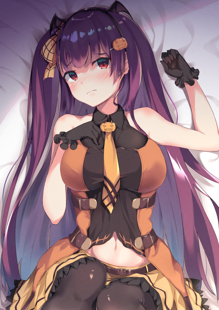 1girl arm_up bangs bat_hair_ornament belt black_gloves black_legwear blush breasts bushinofuji closed_mouth commentary_request dress eyebrows_visible_through_hair food_themed_hair_ornament girls_frontline gloves hair_ornament hair_ribbon hairband half_updo halloween hand_on_own_chest highres knees_up large_breasts legs_together long_hair looking_at_viewer lying necktie on_back one_side_up orange_neckwear pantyhose pumpkin_hair_ornament purple_hair red_eyes ribbon skirt sleeveless solo very_long_hair wa2000_(girls_frontline)