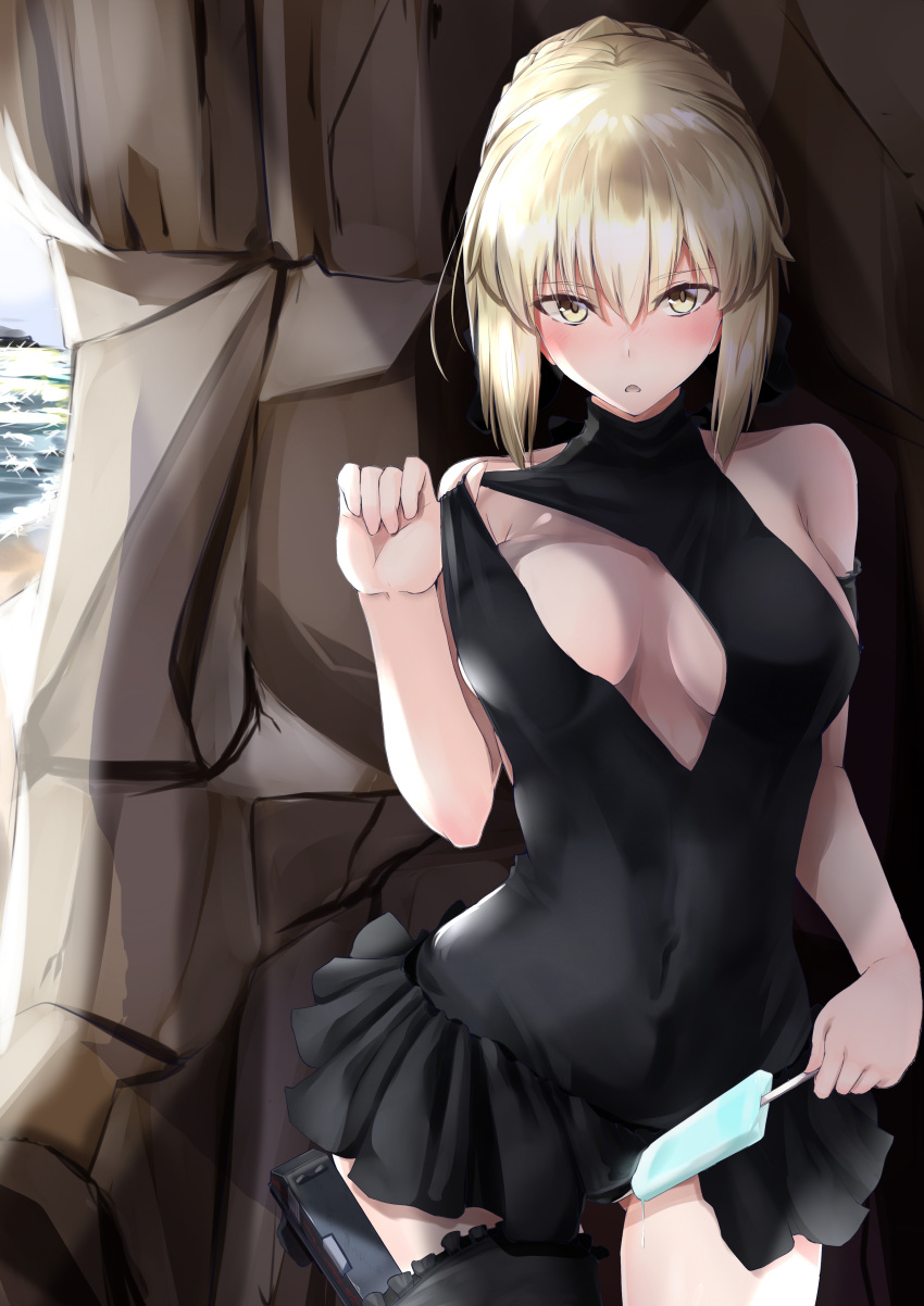 absurdres armband artoria_pendragon_(all) bangs black_bow black_choker black_legwear blonde_hair blush bow braid breasts breasts_apart casual_one-piece_swimsuit center_opening choker collarbone covered_navel cowboy_shot curtains day dripping eyebrows_visible_through_hair fanbox_reward fate/grand_order fate/stay_night fate_(series) fingernails food french_braid frilled_swimsuit frills glint gluteal_fold gun hair_between_eyes hair_bun handgun highres lolita_fashion looking_at_viewer maid_swimsuit medium_breasts ninoude_(ninoude44) one-piece_swimsuit open_mouth outdoors paid_reward pistol popsicle saber_alter shore single_thighhigh standing swimsuit swimsuit_pull thigh-highs water waves weapon yellow_eyes