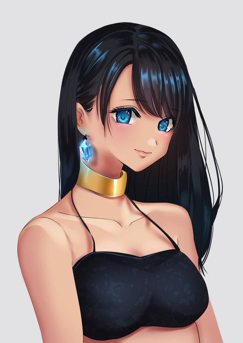 1girl absurdres bangs bare_shoulders black_hair blue_eyes blush breasts closed_mouth collarbone commentary_request crystal dark_skin earrings egyptian eyebrows_visible_through_hair glowing grey_background head_tilt highres inushima jewelry light_smile long_hair looking_at_viewer medium_breasts original sidelocks solo upper_body