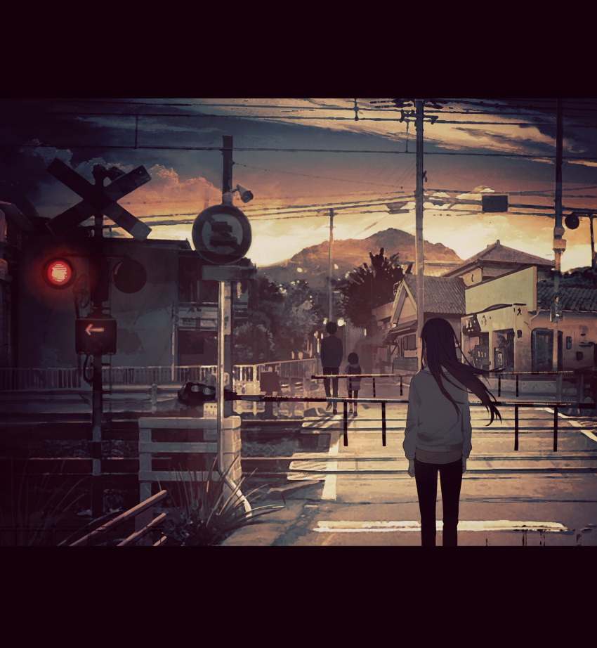 1boy 2girls arms_at_sides brown_hair facing_away highres kukka letterboxed long_hair long_sleeves multiple_girls original outdoors power_lines railroad_crossing railroad_signal railroad_tracks road road_sign scenery short_hair sign sunset sweater