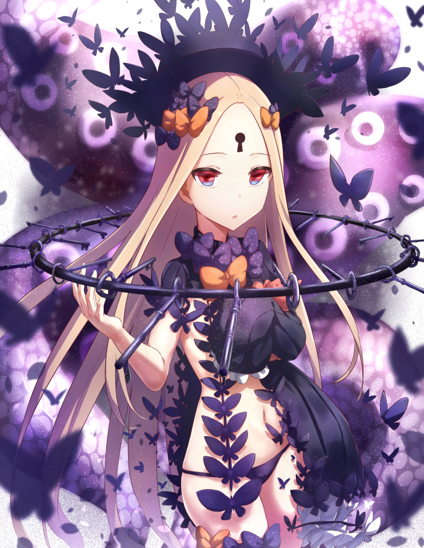 1girl abigail_williams_(fate/grand_order) bangs black_bow black_dress black_hat blonde_hair bow bug butterfly commentary_request cowboy_shot dissolving_clothes dress eyebrows_visible_through_hair fate/grand_order fate_(series) forehead hair_bow hand_up hat highres insect key keyhole long_hair long_sleeves looking_at_viewer navel object_hug orange_bow panties parted_bangs parted_lips polka_dot polka_dot_bow purple_panties red_eyes sakaokasan sleeves_past_fingers sleeves_past_wrists solo stuffed_animal stuffed_toy teddy_bear tentacle underwear very_long_hair