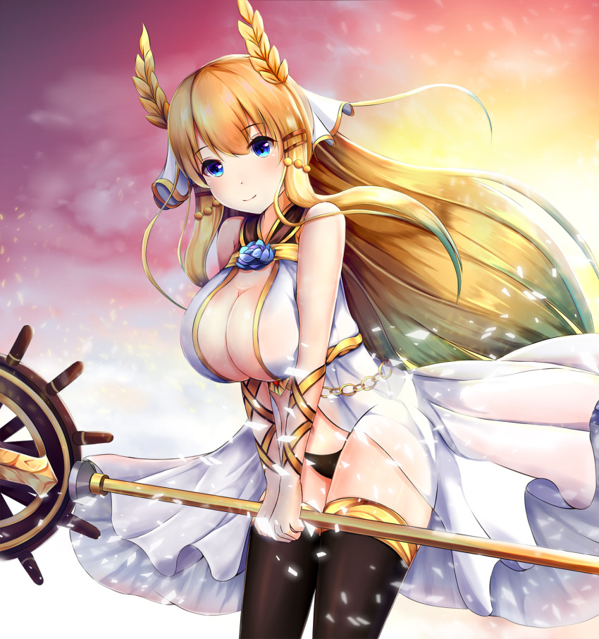 1girl arm_ribbon azur_lane bangs bare_shoulders black_legwear black_panties blonde_hair blue_eyes blue_flower blue_rose blush breast_squeeze breasts chains cleavage closed_mouth commentary_request cowboy_shot dress eyebrows_visible_through_hair flower flower_ornament hair_between_eyes hair_ornament hair_ribbon hands_together highres holding holding_staff large_breasts laurel_crown long_hair looking_at_viewer mctom midriff navel outdoors panties ribbon rose ruby_(stone) ship's_wheel sidelocks sky sleeveless sleeveless_dress smile solo staff thigh-highs underwear very_long_hair victorious_(azur_lane) wind wind_lift