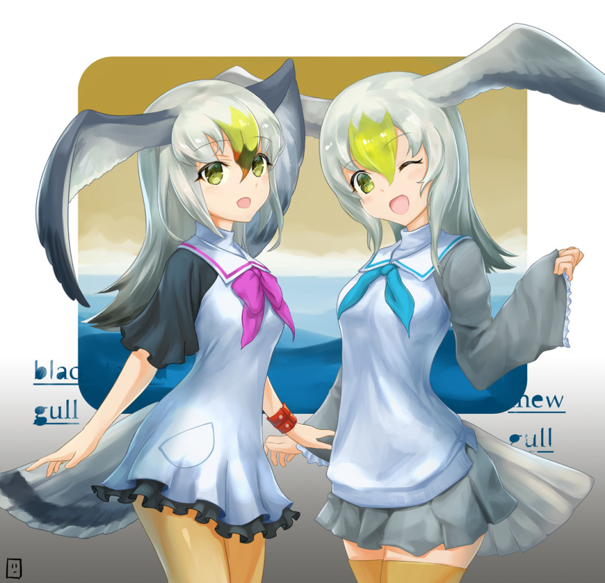 2girls bird_tail bird_wings black-tailed_gull_(kemono_friends) blonde_hair bracelet commentary_request common_gull_(kemono_friends) cowboy_shot dress eyebrows_visible_through_hair frilled_dress frilled_sleeves frills grey_hair head_wings jewelry kemono_friends long_hair long_sleeves multicolored_hair multiple_girls neckerchief one_eye_closed pantyhose pleated_skirt sailor_collar sailor_dress short_sleeves skirt tamamushi thigh-highs white_hair wings yellow_eyes yellow_legwear