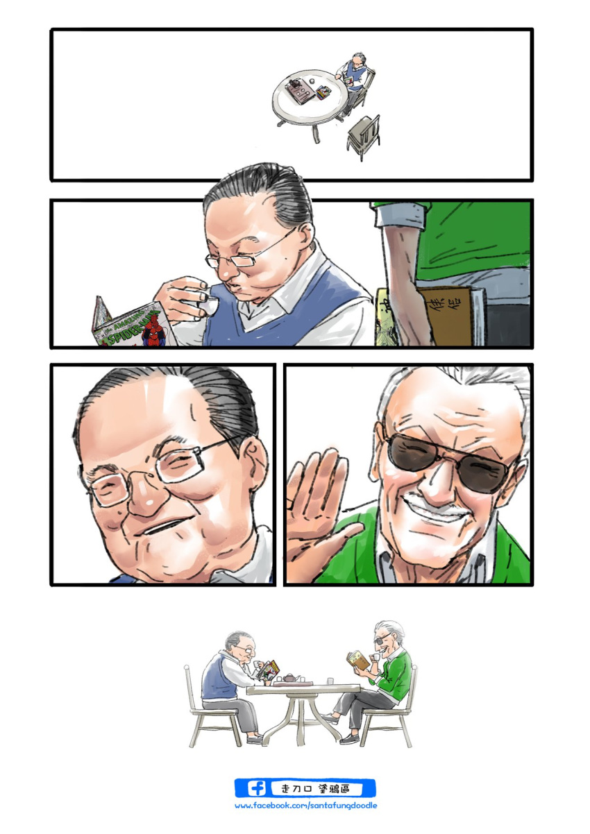 5koma black_hair blowing book chair comic facebook_username fat fat_man hand_wave highres holding holding_book jin_yong marvel old_man reading real_life santafong_(artist) sitting smile spider-man_(series) stan_lee sunglasses sweater_vest table tea white_background white_hair