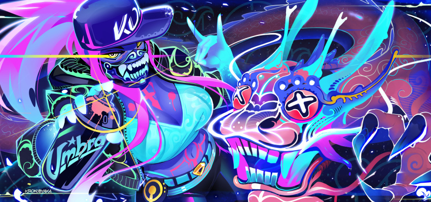 1girl akali aqua artist_name baseball_cap bodypaint breasts cleavage cropped_jacket dragon dutch_angle eastern_dragon face_mask fox_shadow_puppet hat highres idol jacket k/da_(league_of_legends) k/da_akali krokobyaka large_breasts league_of_legends looking_at_viewer makeup mask midriff navel open_clothes open_jacket ponytail purple_hair solo spray_can ultraviolet_light yellow_eyes