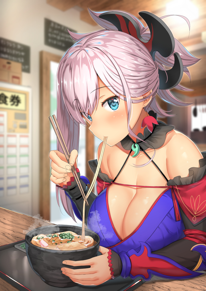 1girl absurdres asymmetrical_hair bangs bare_shoulders blue_eyes blue_kimono blurry blurry_background blush body_mahattaya_ginga bowl breasts chopsticks cleavage closed_mouth collarbone detached_sleeves earrings eating eyebrows_visible_through_hair fanbox_reward fate/grand_order fate_(series) food hair_ornament highres holding holding_chopsticks indoors japanese_clothes jewelry kimono large_breasts magatama miyamoto_musashi_(fate/grand_order) noodles obi paid_reward pink_hair ponytail ramen sash short_kimono tray