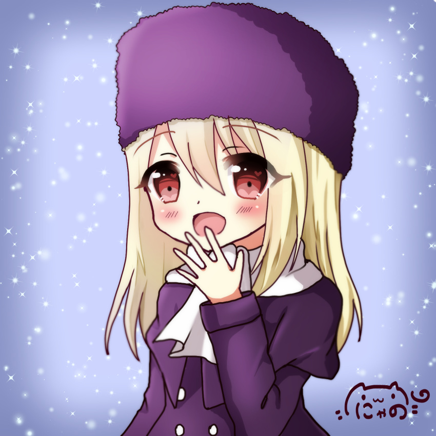 1girl :d bangs blonde_hair blush commentary_request dress eyebrows_visible_through_hair fate/stay_night fate_(series) fur_hat hair_between_eyes hand_up hat heart heart_in_eye highres illyasviel_von_einzbern long_hair looking_at_viewer nyano21 open_mouth purple_capelet purple_dress purple_hat red_eyes scarf signature smile solo symbol_in_eye white_scarf