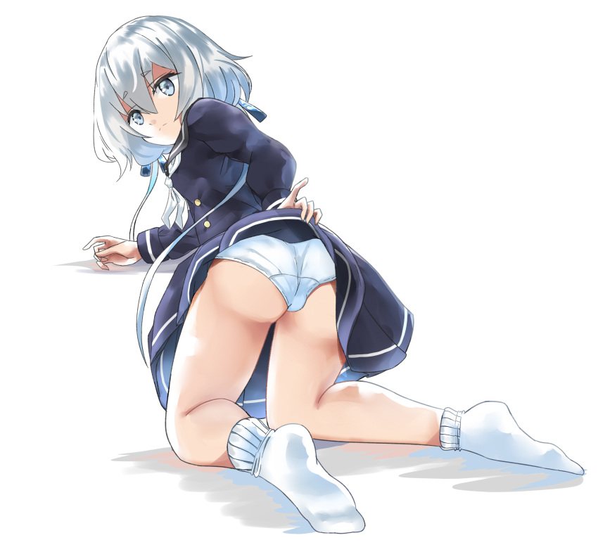 absurdres all_fours black_serafuku blue_eyes commentary_request from_behind hair_between_eyes highres kneeling konno_junko lazupeace long_sleeves looking_at_viewer looking_back panties presenting school_uniform serafuku short_hair skirt skirt_lift socks underwear white_background white_hair white_legwear white_panties zombieland_saga