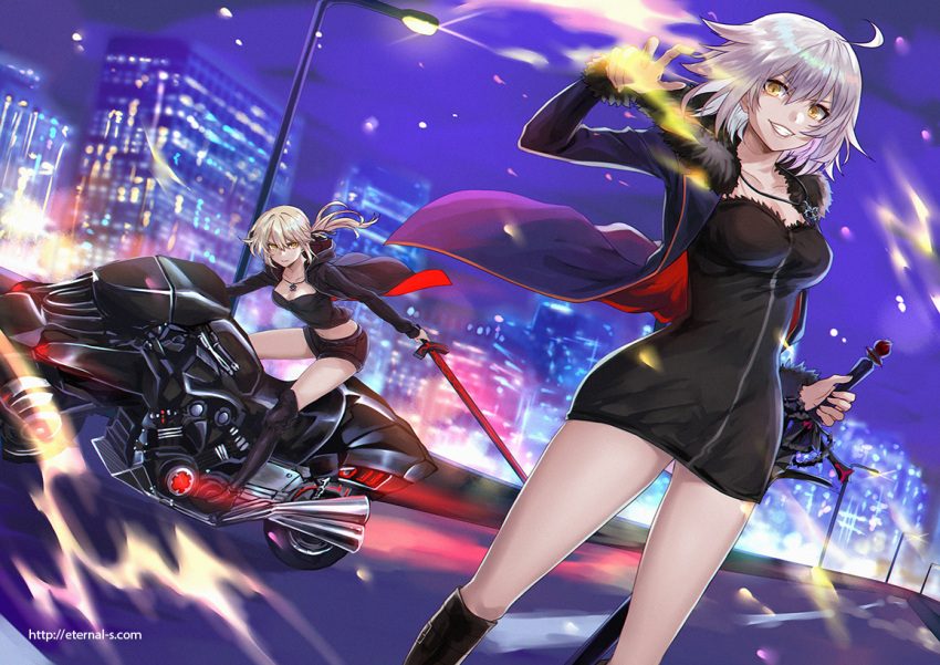 ahoge artoria_pendragon_(all) black_dress black_footwear black_ribbon black_shorts blonde_hair boots breasts coat commentary_request dress eyebrows_visible_through_hair fate/grand_order fate_(series) full-length_zipper fur-trimmed_coat fur_trim ground_vehicle high_heel_boots high_heels jeanne_d'arc_(alter)_(fate) jeanne_d'arc_(fate)_(all) knee_boots large_breasts motor_vehicle motorcycle ribbon saber_alter short_dress shorts silver_hair sword ten-chan_(eternal_s) weapon wicked_dragon_witch_ver._shinjuku_1999 yellow_eyes zipper