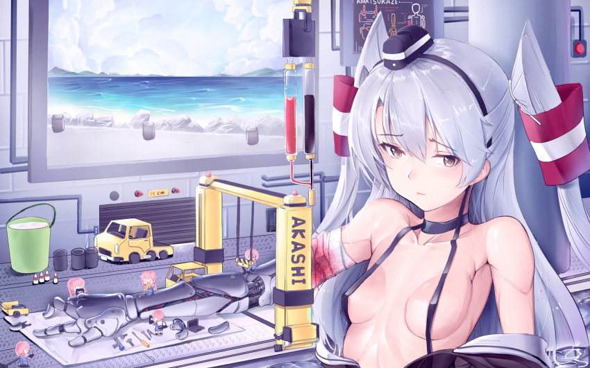 6+girls amatsukaze_(kantai_collection) bandage bandages bare_shoulders blood bloody_bandages breasts brown_dress brown_eyes clothes_down commentary crane cybernetic_parts dress dress_pull english_commentary fairy_(kantai_collection) hair_tubes hat highres indoors kantai_collection long_hair mechanical_arm mini_hat minigirl multiple_girls ngs_(hkfg4334) pink_hair repair_bucket sailor_dress silver_hair size_difference small_breasts standing two_side_up windsock