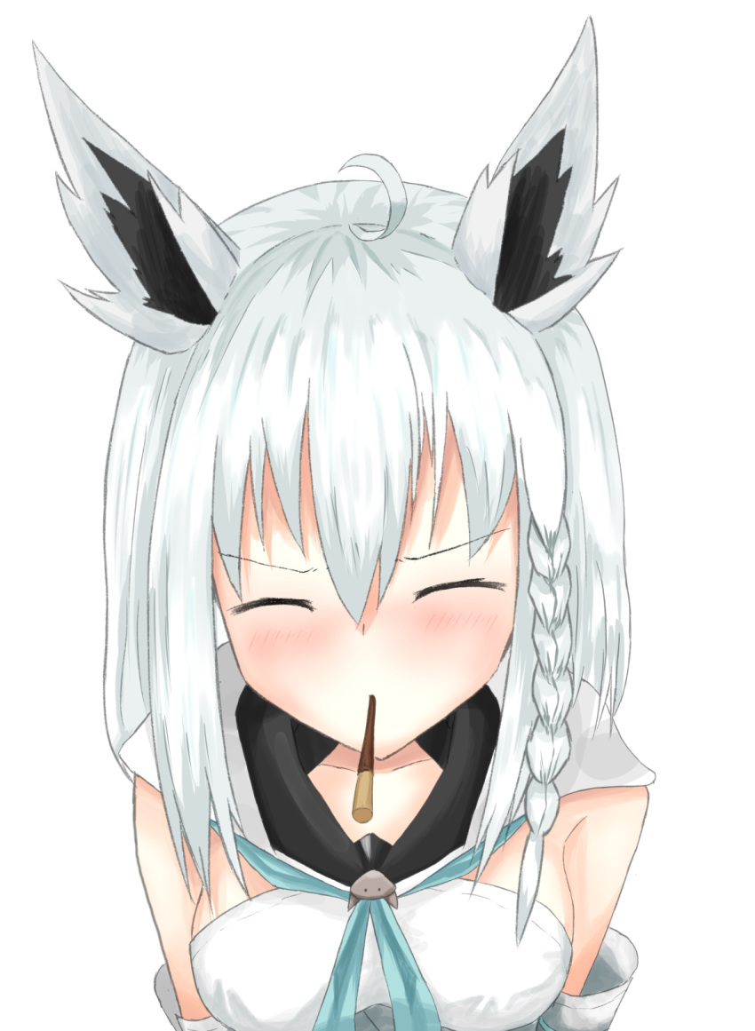 1girl animal_ears blush braid breasts closed_mouth collarbone detached_sleeves food food_in_mouth fox_ears highres hololive incoming_pocky_kiss medium_breasts pocky pocky_day pocky_kiss pov shared_food shirakami_fubuki