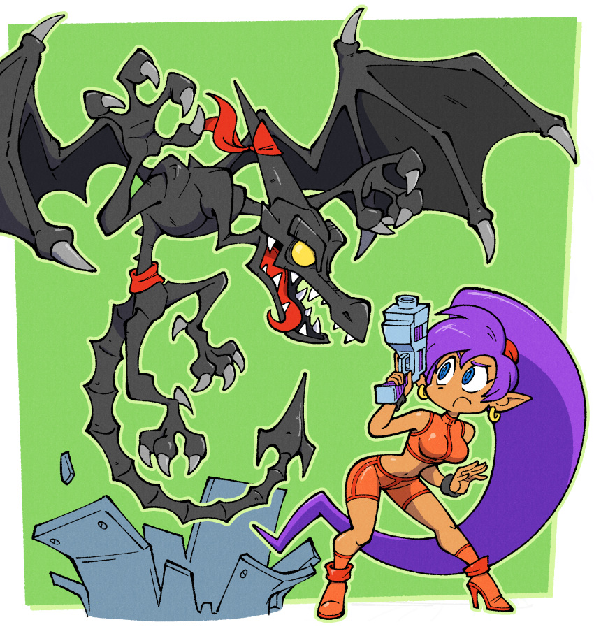 bandanna blue_eyes cosplay crossover gun high_heels high_ponytail highres long_hair metroid nintendo pirate purple_hair red_bandana ridley samus_aran samus_aran_(cosplay) shantae_(character) shantae_(series) shenanimation spirit super_smash_bros. tinkerbat tongue tongue_out wayforward weapon