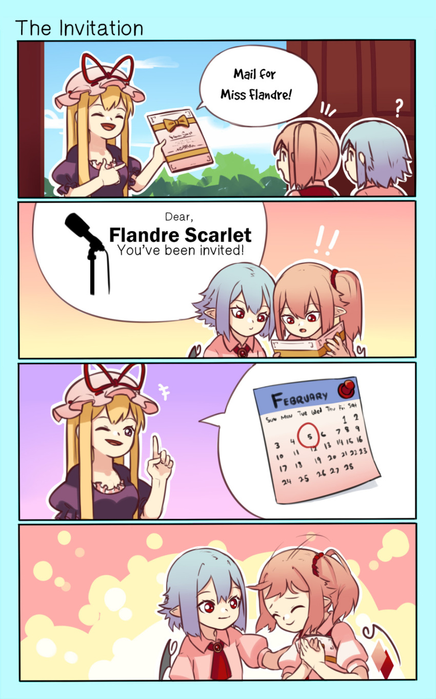!! 3girls 4koma ? ascot bat_wings blonde_hair blue_hair calendar_(object) comic commentary dress english flandre_scarlet hand_on_another's_shoulder hat highres holding letter mob_cap multiple_girls pink_dress puffy_short_sleeves puffy_sleeves purple_dress red_eyes red_neckwear red_vest remilia_scarlet short_hair short_sleeves siblings side_ponytail sisters smile text_focus touhou upper_body vest wing_collar wings yakumo_yukari yoruny