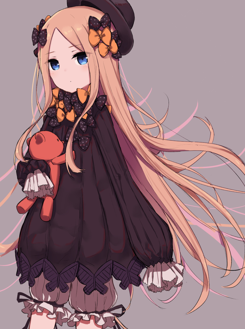 1girl abigail_williams_(fate/grand_order) bangs black_bow black_dress black_hat blonde_hair bloomers blue_eyes blush bow bug butterfly closed_mouth commentary_request coraman dress fate/grand_order fate_(series) forehead grey_background hair_bow hat head_tilt highres insect long_hair long_sleeves looking_at_viewer object_hug orange_bow parted_bangs polka_dot polka_dot_bow simple_background sleeves_past_fingers sleeves_past_wrists solo stuffed_animal stuffed_toy teddy_bear underwear very_long_hair white_bloomers