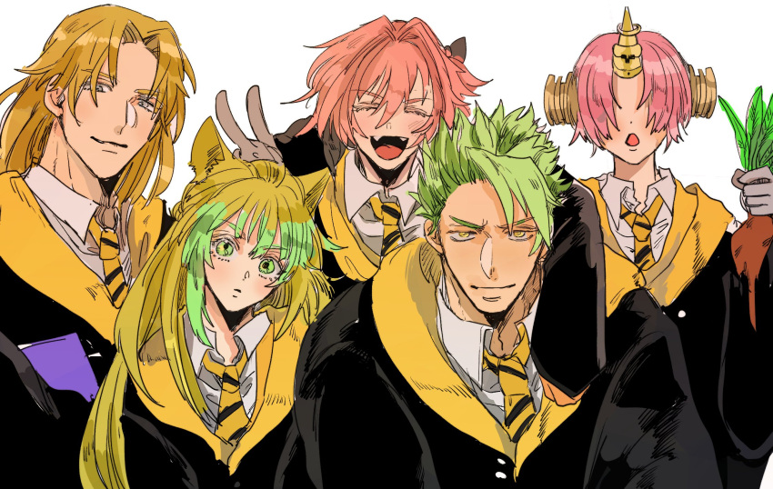 achilles_(fate) animal_ears astolfo_(fate) atalanta_(fate) brown_eyes brown_hair chiron_(fate) closed_eyes collared_shirt commentary covered_eyes eyebrows_visible_through_hair fangs fate/grand_order fate_(series) frankenstein's_monster_(fate) green_eyes green_hair hair_over_eyes harry_potter highres horn long_hair mandrake matimatio multicolored_hair necktie open_mouth orange_hair pink_hair robe shirt short_hair two-tone_hair v yellow_eyes