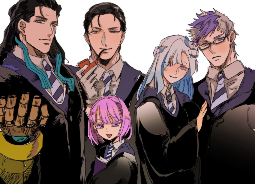 2girls 3boys black_hair blue_hair brynhildr_(fate) collared_shirt fate/grand_order fate_(series) gauntlets glasses gloves harry_potter headpiece helena_blavatsky_(fate/grand_order) matching_outfit matimatio multicolored_hair multiple_boys multiple_girls necktie nikola_tesla_(fate/grand_order) pink_eyes pink_hair pipe pipe_in_mouth purple_hair robe sherlock_holmes_(fate/grand_order) shirt sigurd_(fate/grand_order) two-tone_hair white_hair