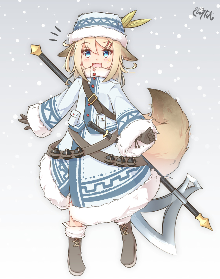 1girl :d animal_ears axe battle_axe blonde_hair blue_eyes boots brown_footwear coreytaiyo dagger dated ears_down explosive fang full_body fur-trimmed_jacket fur-trimmed_skirt fur-trimmed_sleeves fur_hat fur_trim gloves grenade hat hat_feather highres jacket medium_hair open_mouth original sheath sheathed signature smile snowing standing tail weapon winter_clothes