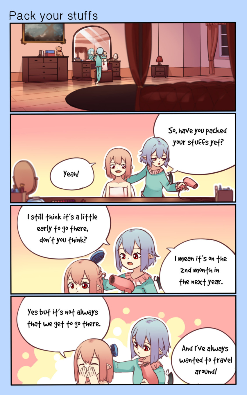 4koma bedroom blonde_hair blue_hair blue_pajamas brushing_another's_hair comic commentary english flandre_scarlet hair_brush hair_down hair_dryer highres indoors mirror painting_(object) pajamas red_eyes remilia_scarlet short_hair text_focus touhou yoruny