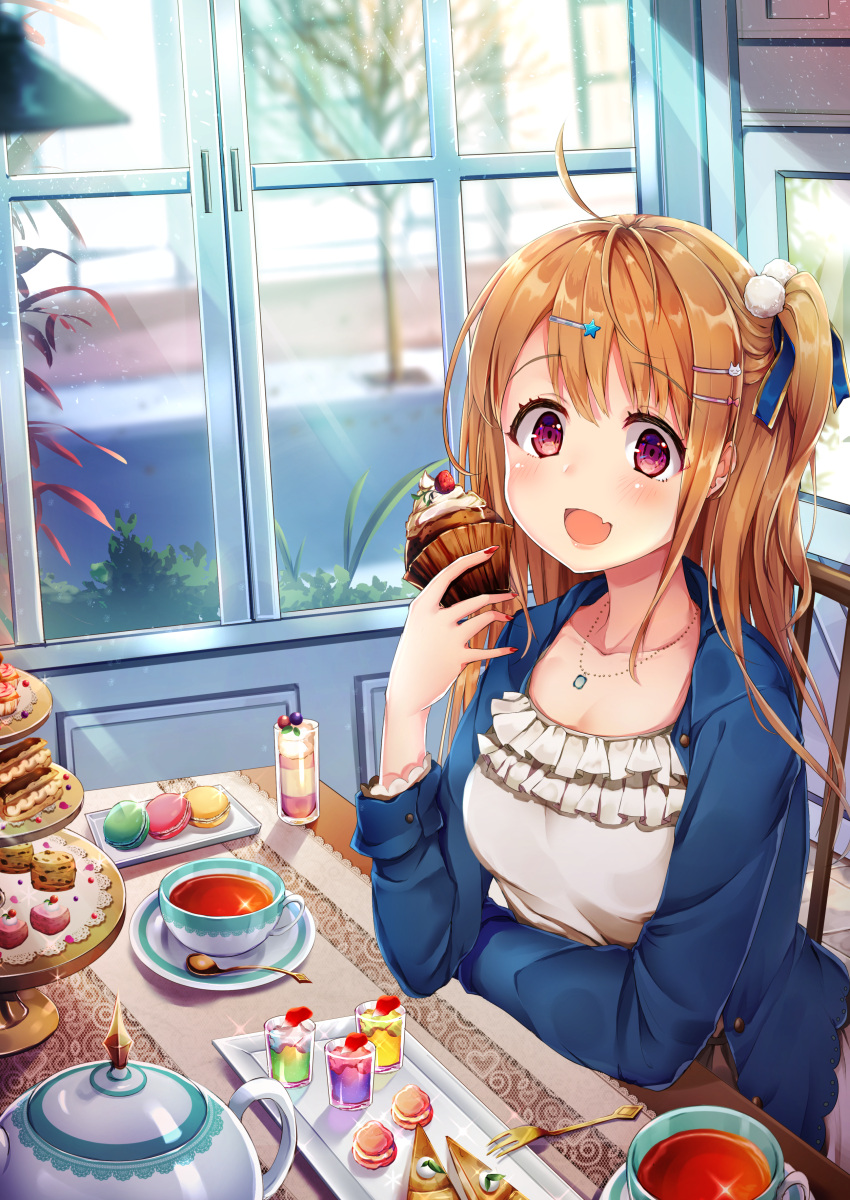 1girl :d absurdres ahoge airmisuzu bangs blue_jacket blue_ribbon blurry blush breasts brown_hair cake cat_hair_ornament chair collarbone commentary_request cup cupcake day depth_of_field dress eyebrows_visible_through_hair fang food frilled_dress frills fruit gelatin hair_ornament hair_ribbon hairclip hand_up highres holding holding_food indoors jacket jewelry long_hair long_sleeves macaron milkshake nail_polish necklace one_side_up open_clothes open_jacket open_mouth original plant plate pom_pom_(clothes) red_nails ribbon road sidelocks sidewalk sitting slice_of_pie smile solo spoon star star_hair_ornament strawberry table tareme tea teacup teapot tiered_tray tree violet_eyes whipped_cream white_dress window