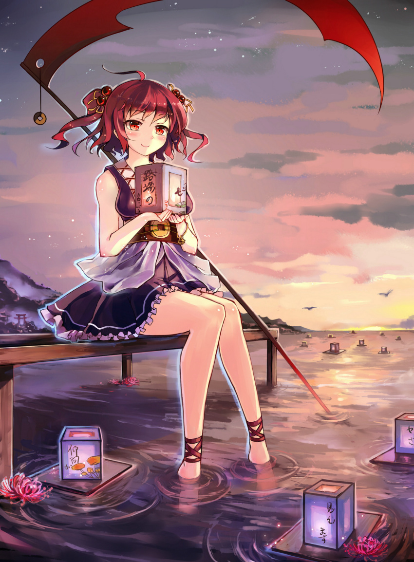 1girl adapted_costume afloat_lantern alternate_weapon ankle_cuffs anklet barefoot coin flower g.h_(gogetsu) hair_bobbles hair_ornament highres jewelry lantern obi onozuka_komachi red_eyes redhead sash scythe short_hair sitting skirt sleeveless smile soaking_feet solo touhou two_side_up water weapon