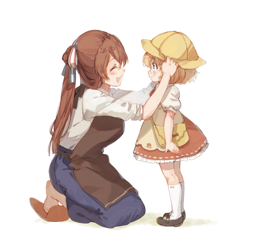 2girls apron bag blonde_hair brown_hair check_commentary closed_eyes commentary commentary_request g36_(girls_frontline) girls_frontline glasses hair_ribbon happy hat highres kindergarten_uniform m1903_springfield_(girls_frontline) motherly multiple_girls ponytail ribbon school_bag school_hat shuzi slippers smile socks white_background younger